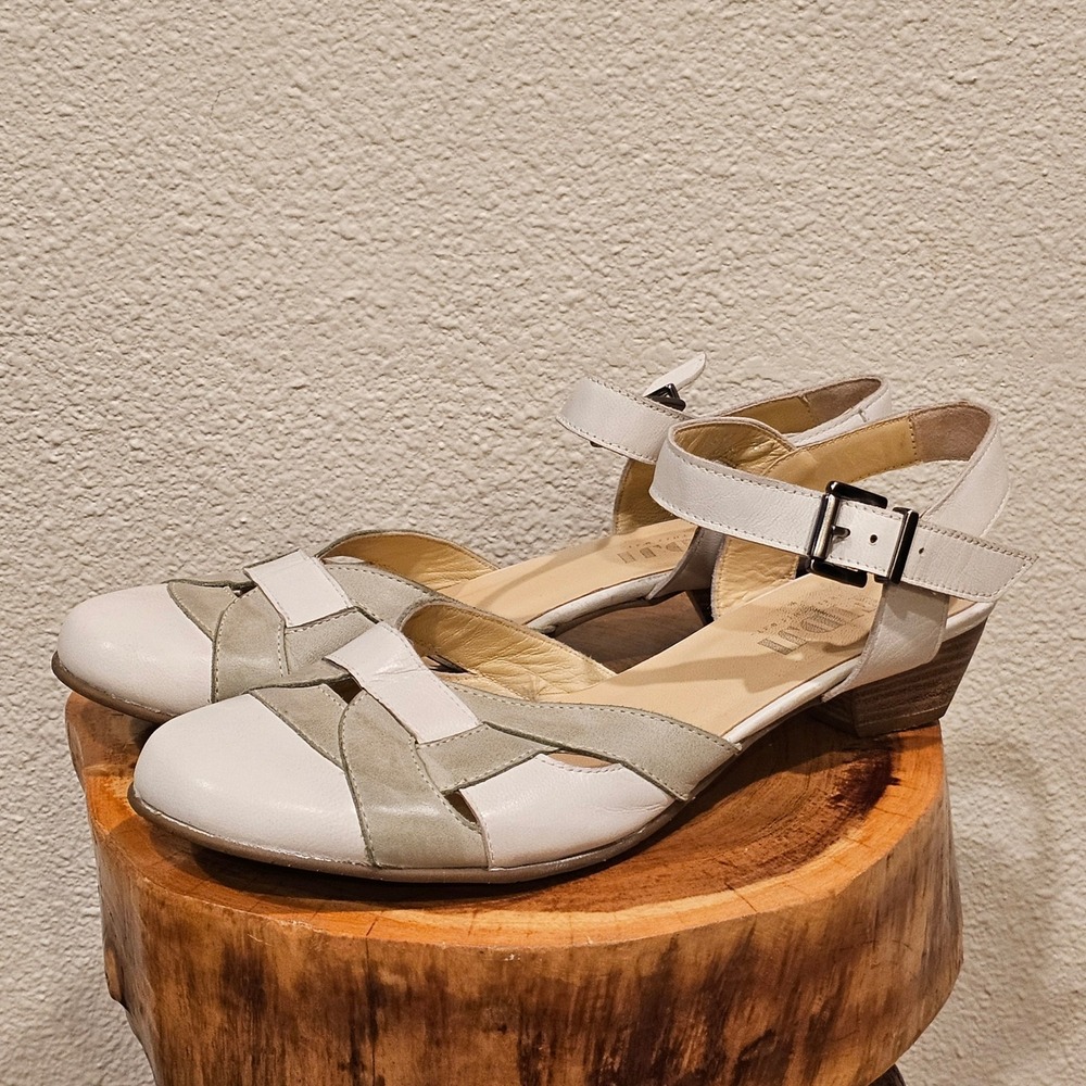 Fidji L530 Womens White Sage Green Leather Ankle Strap Block Heel Sandals 41